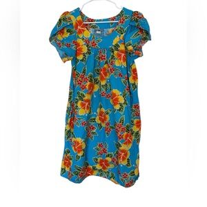 Y Not Hawaii Short Sleeve Floral Print Dress Size XL Blue Yellow Orange Green